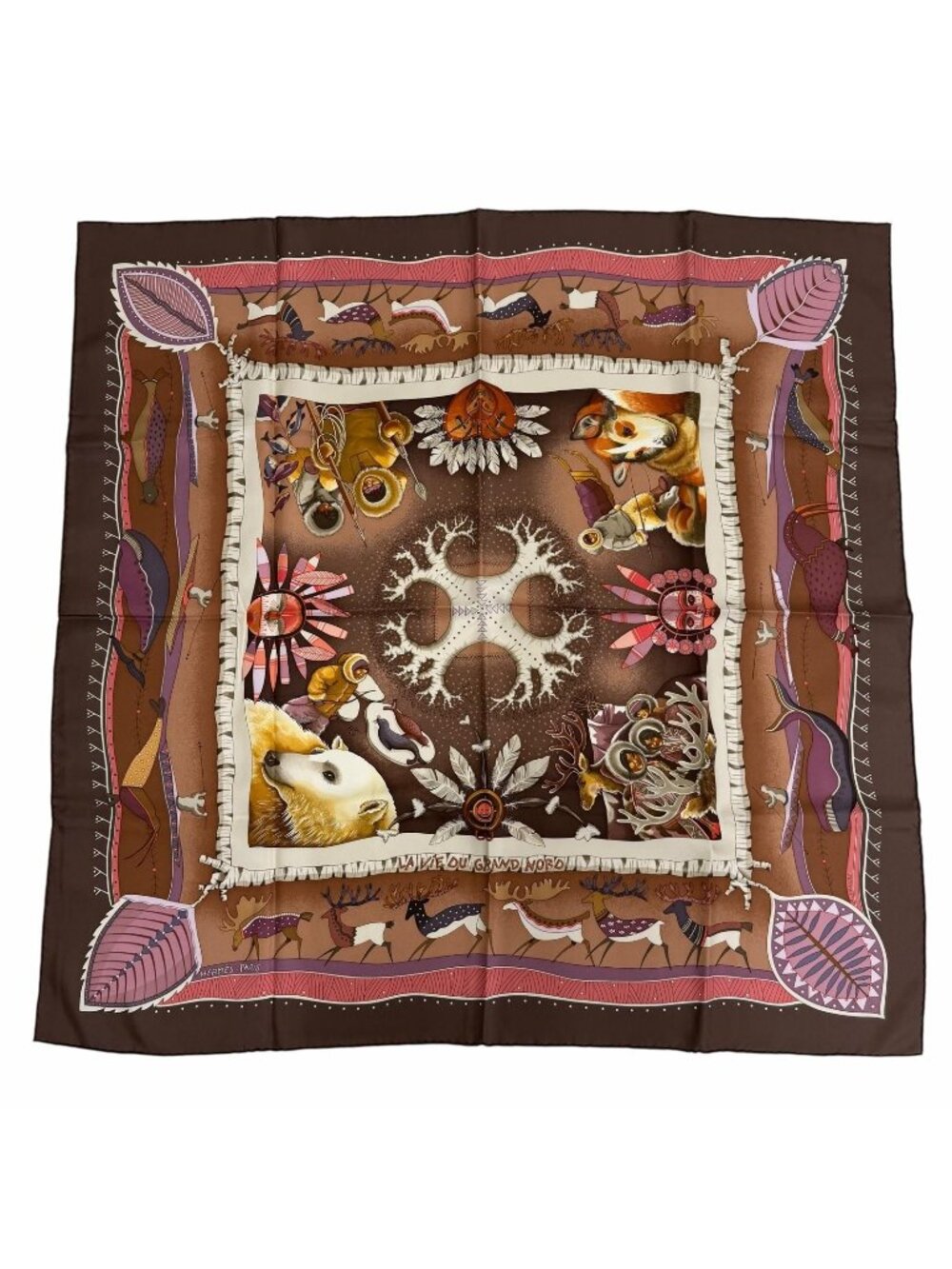 Hermes Carre 90 la Vie du Grand Nord Life in the Arctic Silk 100% Scarf Brown